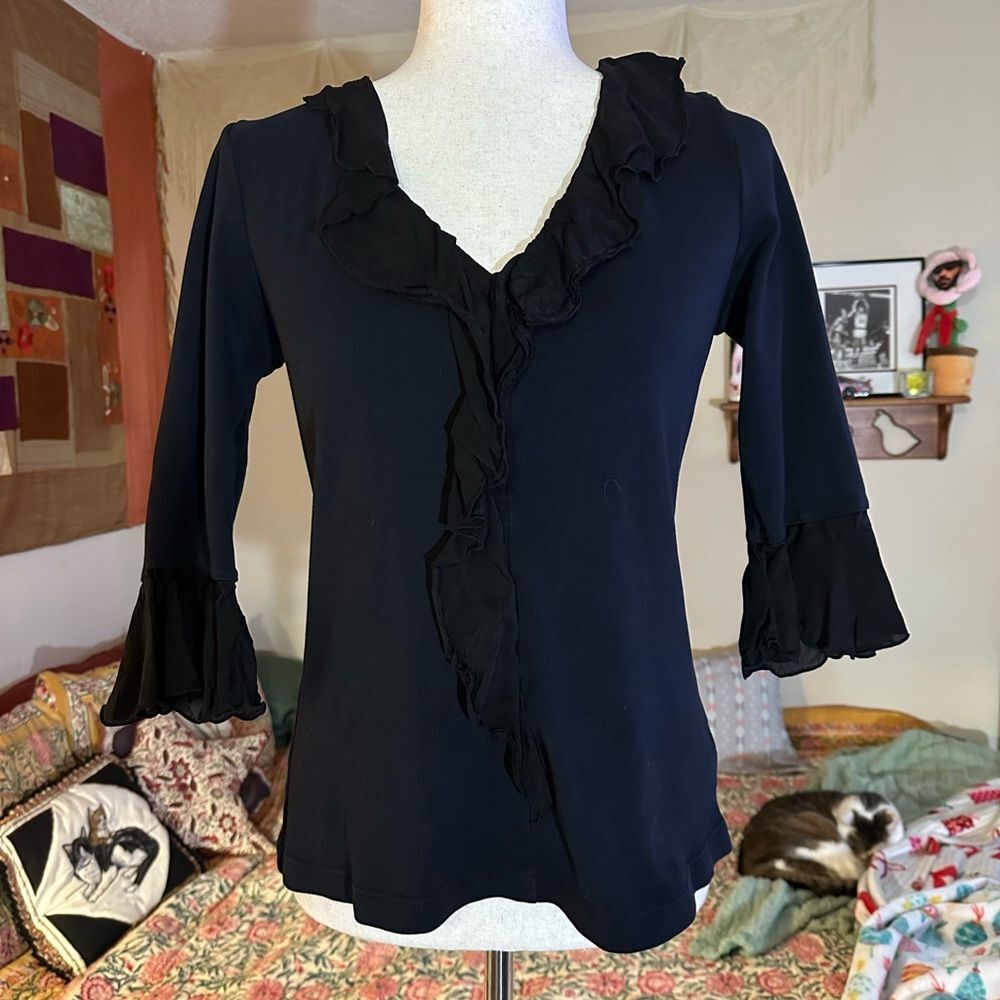 90s Barbara Lesser Natural Fiber Black Bell Sleeve Chiffon Blouse